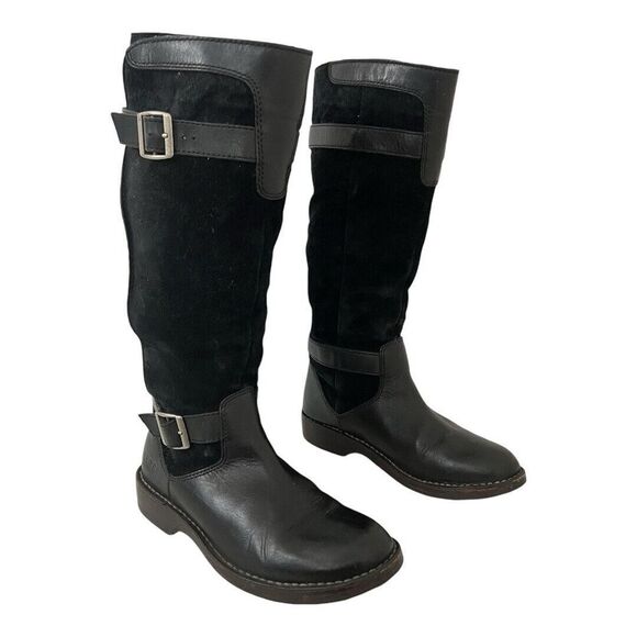Ugg Dunwich Boots Size 7 Black Suede Sheepskin Adjustable Calf Sherpa Tall - Picture 1 of 7